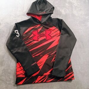 Under Armour Hoodie Kids 12-14 Black Storm1 Fleece Pullover Red Logo Graphic